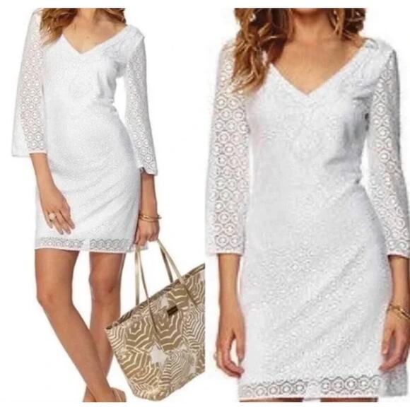 Lilly Pulitzer Dresses & Skirts - Lilly Pulitzer White Lace 3/4 Sleeve Alden Tunic Dress Sz M GS
